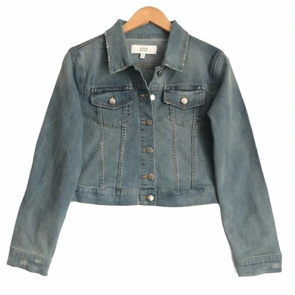 SPRING SALE! NEW Textile Elizabeth and James Distressed Cropped Denim Jacket - Picture 3 of 5
